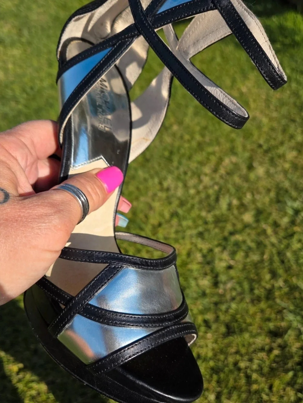 Michael Kors Black Strappy Platform Heeled Sandals with Silver Footbed